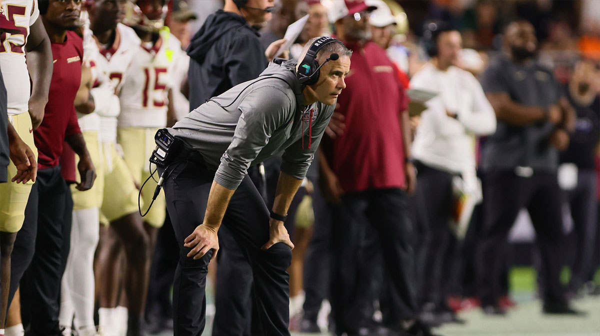 Florida State Seminoles head coach Mike Norvell watches from the sideline against the Miami Hurricanes during the second quarter at Hard Rock Stadium.