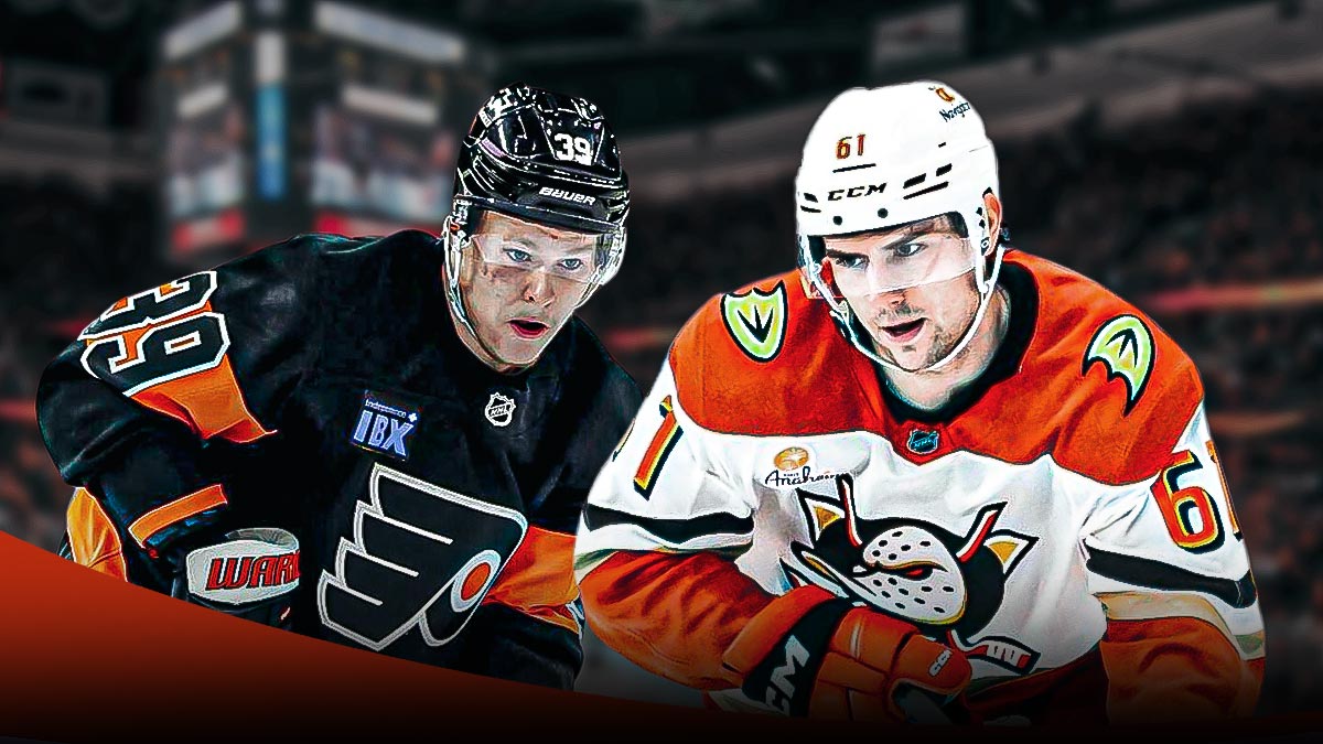 Flyers forward Matvei Michkov, and Ducks forward Cutter Gauthier, both inside Honda Center