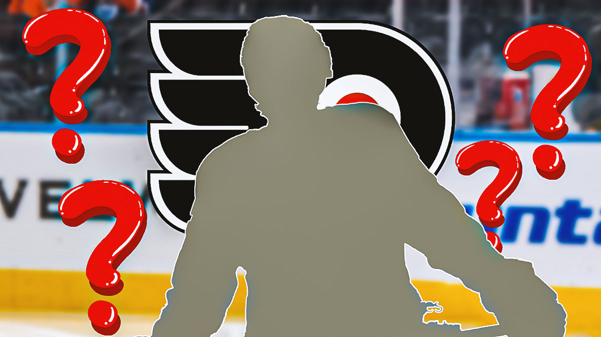 Silhouette of Philadelphia Flyers defenseman Rasmus Ristolainen, Philadelphia Flyers logo, 3-5 question marks, hockey rink in background