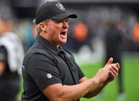 Las Vegas Raiders head coach John Gruden is pictured before the start of a game against the Chicago Bears at Allegiant Stadium.