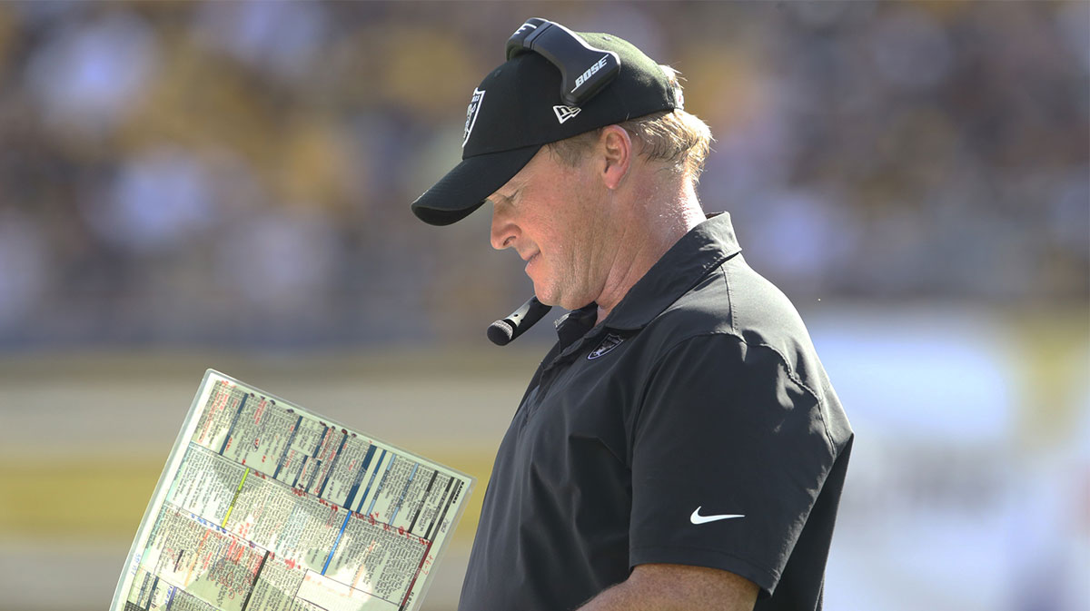 Las Vegas Raiders head coach Jon Gruden looks at his play chart against the Pittsburgh Steelers during the fourth quarter at Heinz Field. Las Vegas won 26-17.