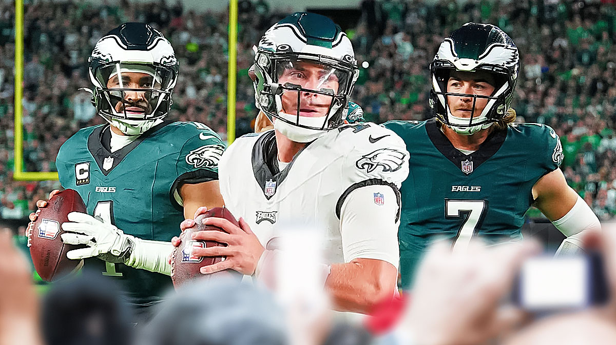 Jalen Hurts, Kenny Pickett, and Ian Book (Eagles) in front of the Eagles stadium.