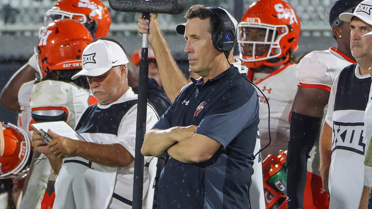 Sam Houston State Bearkats head coach K.C. Keeler looks on during the second half against the UCF Knights at FBC Mortgage Stadium.