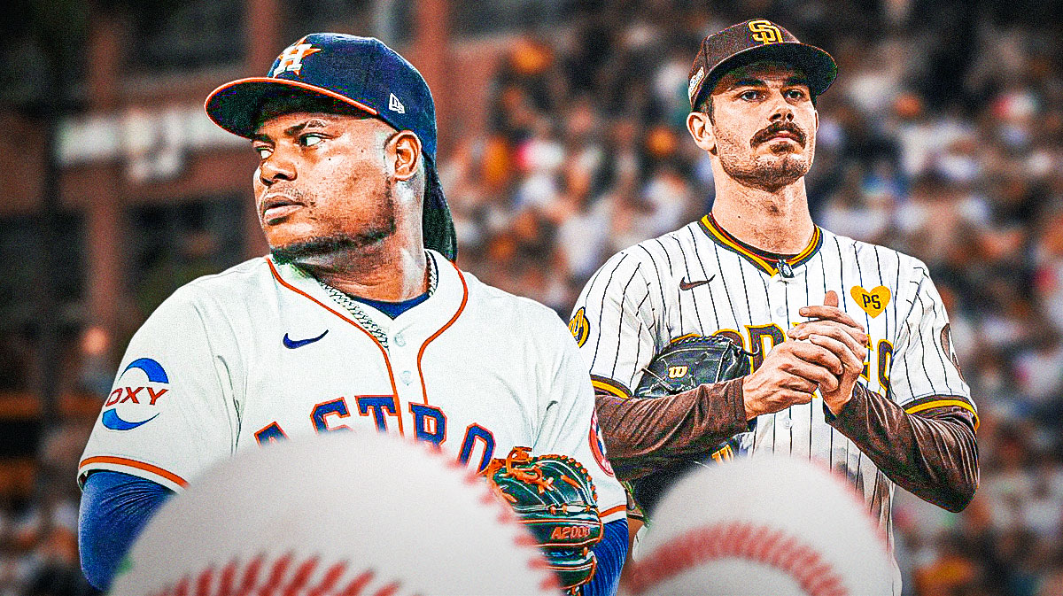Framber Valdez and Dylan Cease with baseballs surrounding them