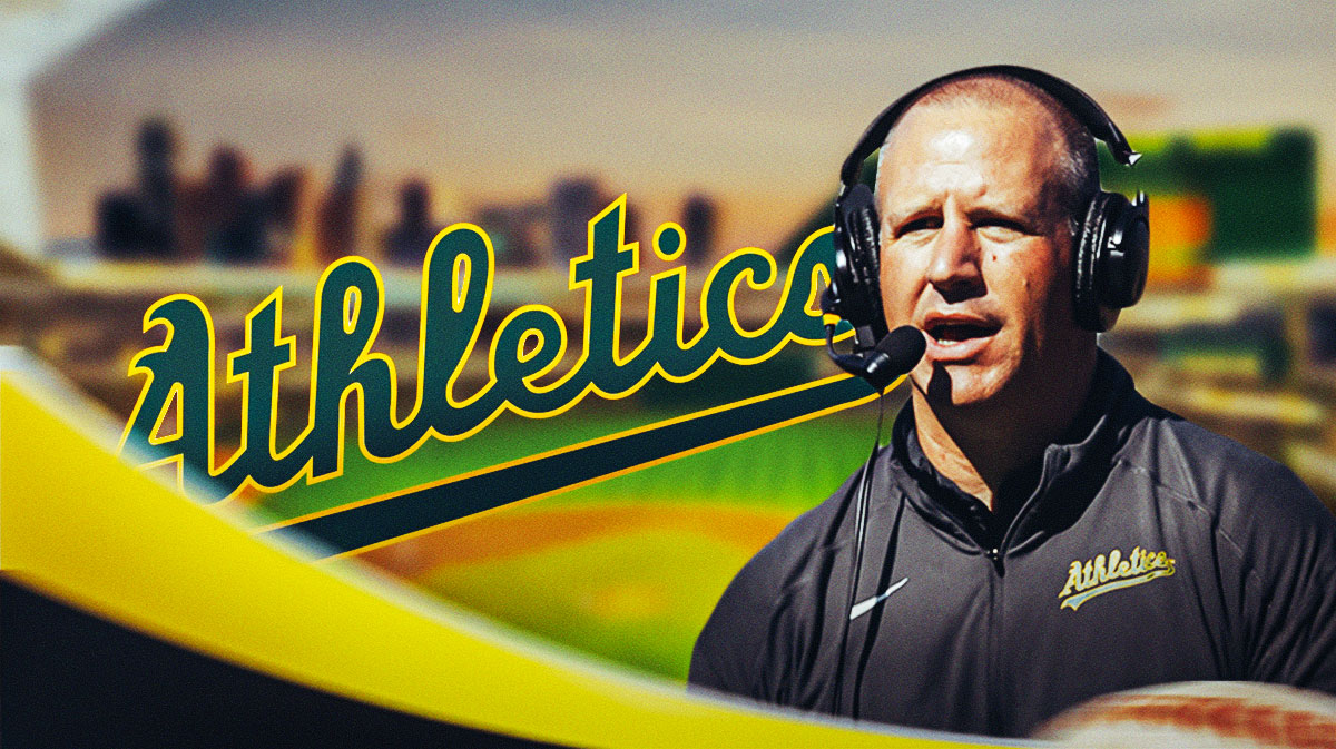 David Forst next to an Athletics logo