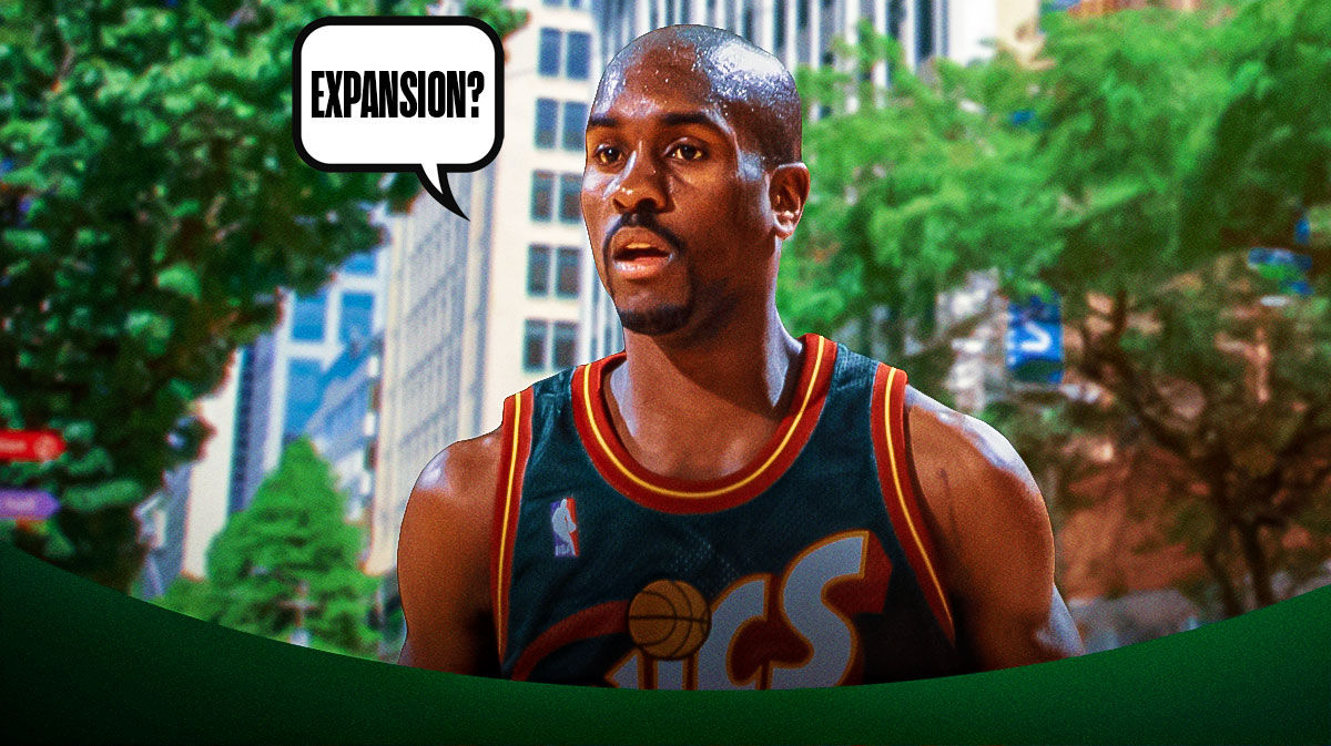 Gary Payton with a thought bubble that says “expansion?” and a background of downtown Seattle behind Payton
