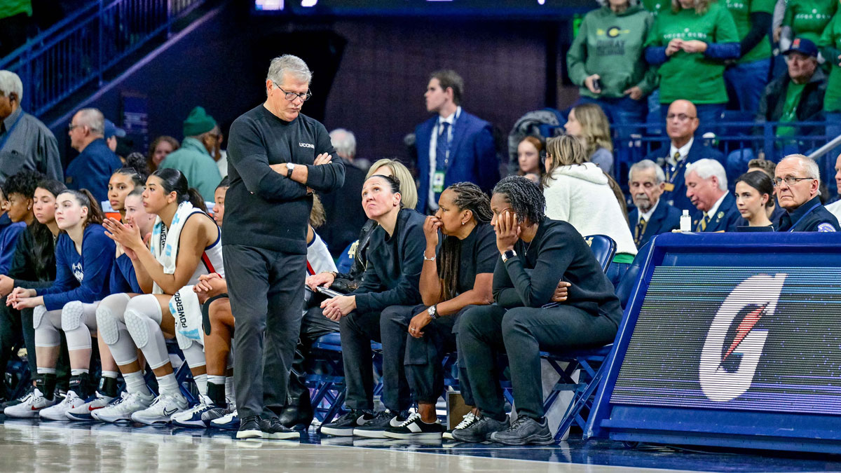 Connecticut Huskies head coach Geno Auriemma reacts in the second half against the Notre Dame Fighting Irish.