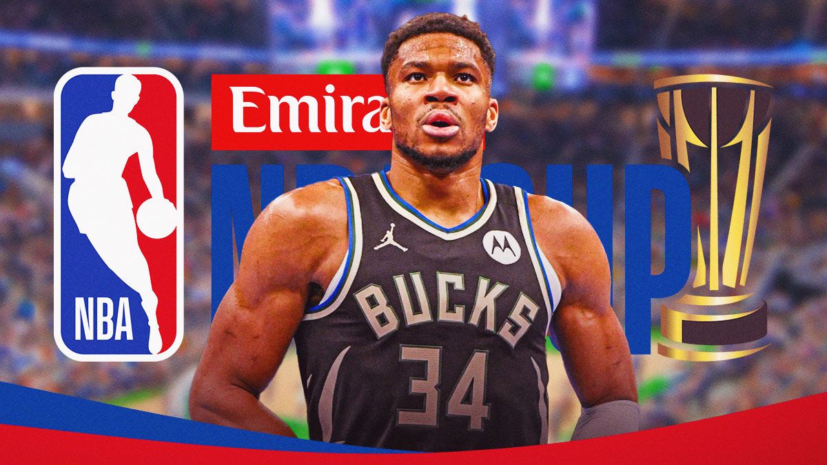 Milwaukee Bucks player Giannis Antetokoumpo with the NBA Cup logo in the background, Hawks