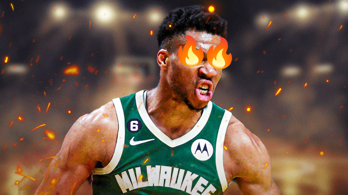 Photo: Giannis Antetokounmpo in Bucks jersey looking intense with fire in his eyes