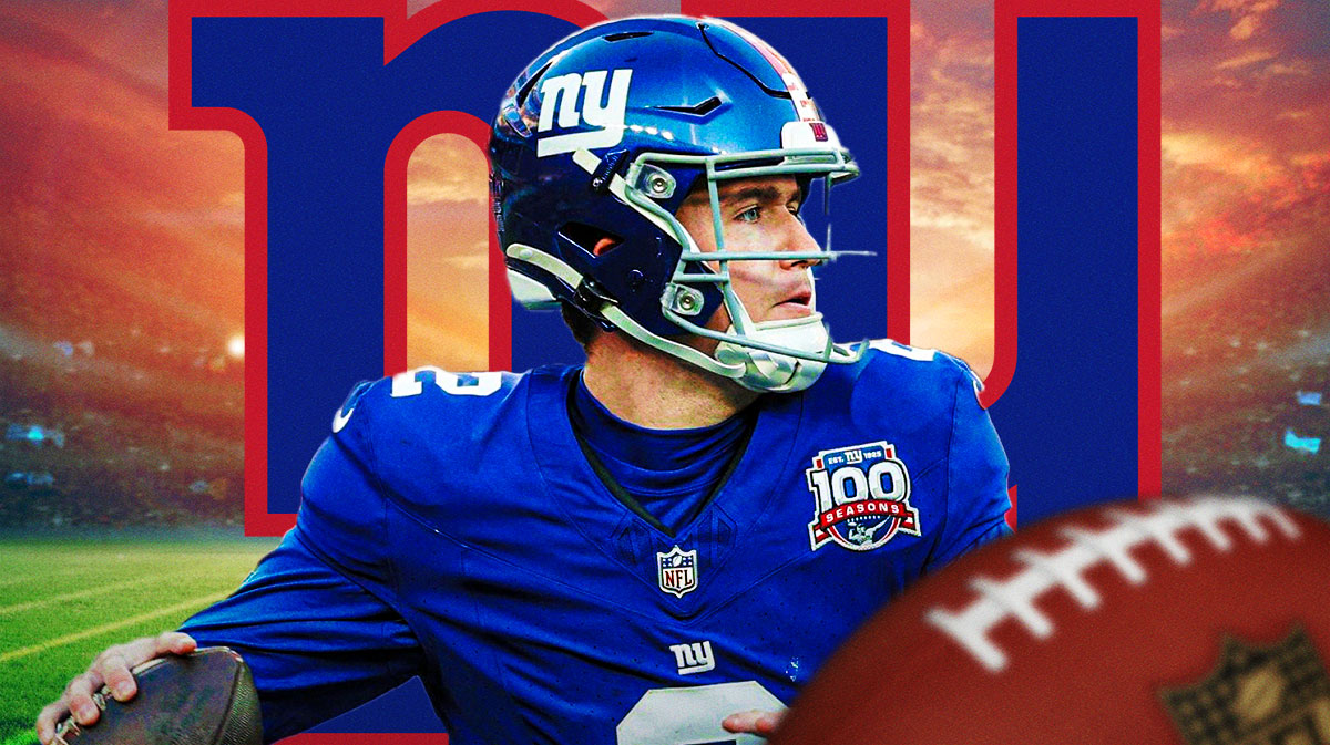 New York Giants QB Drew Lock with a logo for the New York Giants.