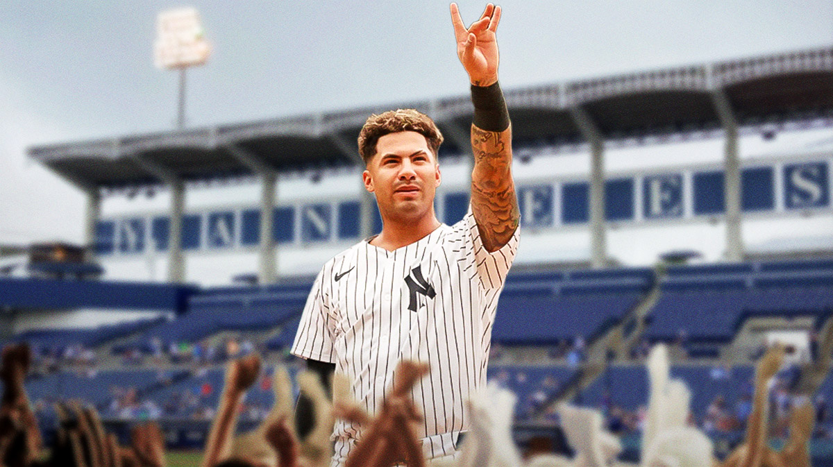 Photo: Gleyber Torres in Yankees jersey waving saying Farewell, have Yankees fans in background and Yankee Stadium
