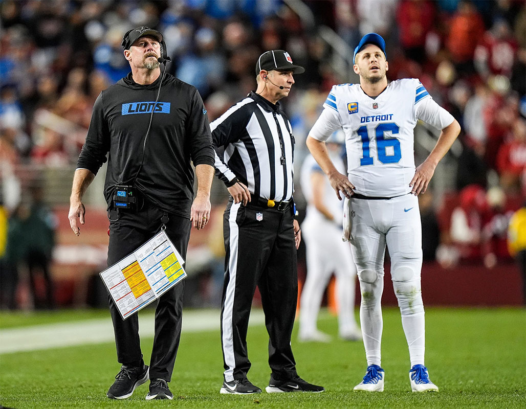 Detroit Lions head coach Dan Campbell and quarterback Jared Goff (16) watch a replay against San Francisco 49ers during the second half at Levi's Stadium in Santa Clara, Calif. on Monday, Dec. 30, 2024.