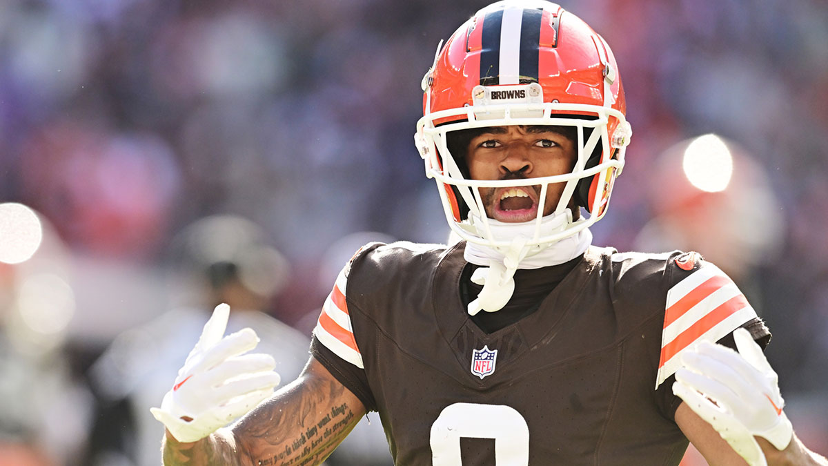 Cleveland Browns cornerback Greg Newsome II (0) celebrates during the second half against the Baltimore Ravens at Huntington Bank Field.