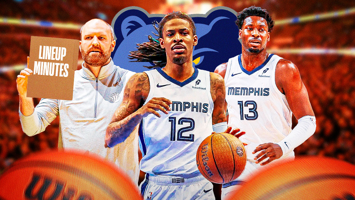 Ja Morant, Jaren Jackson Jr., and Taylor Jenkins holding a "Lineup Minutes" folder, Grizzlies logo
