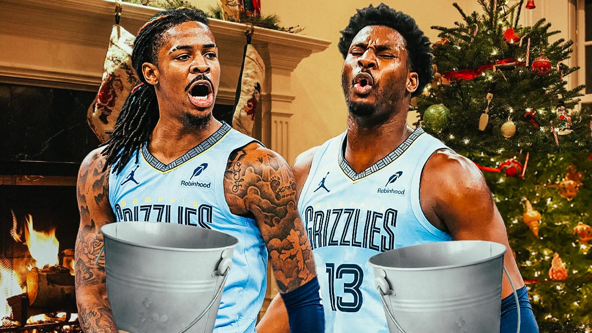 Grizzlies' Ja Morant and Jaren Jackson Jr. holding buckets, with Christmas tree and Christmas lights as the background