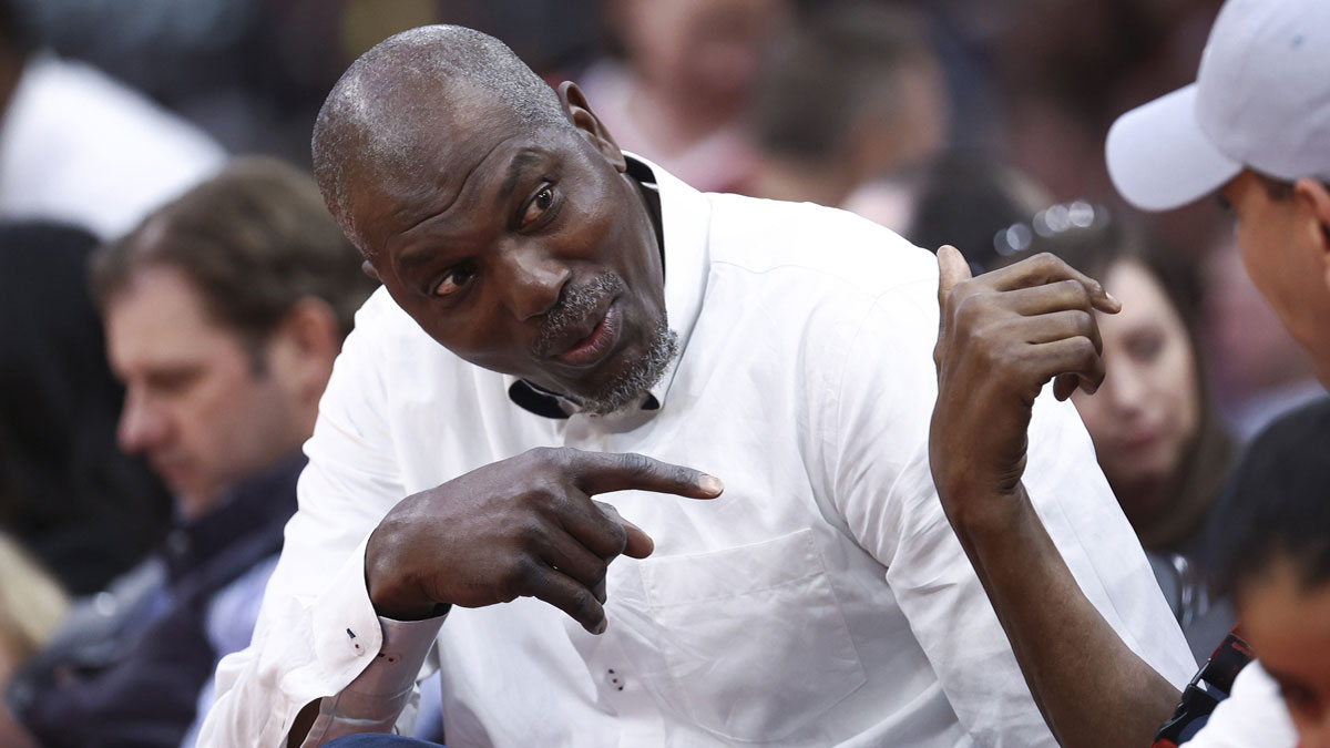 NBA Hall of Fame member Hakeem Olajuwon during the game between the Houston Rockets and the Memphis Grizzlies at Toyota Center.