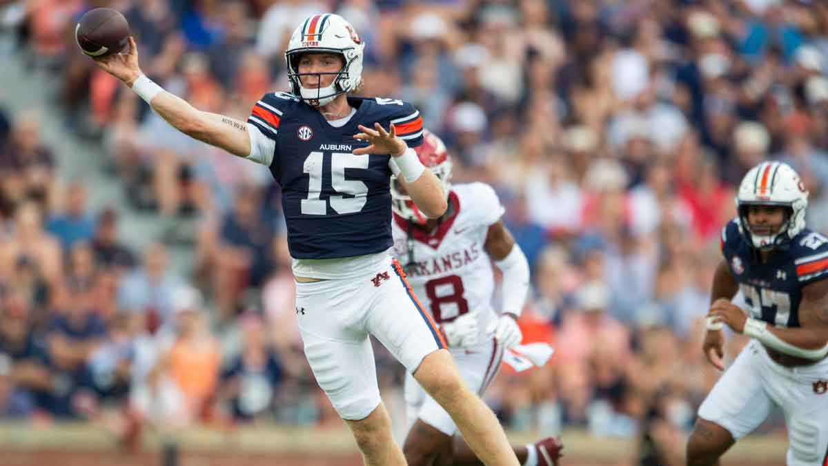 Auburn Tigers quarterback Hank Brown (15) throws the ball as Auburn Tigers take on Arkansas Razorbacks at Jordan-Hare Stadium in Auburn, Ala., on Saturday, Sept. 21, 2024. Arkansas Razorbacks lead Auburn Tigers 7-0 at halftime.