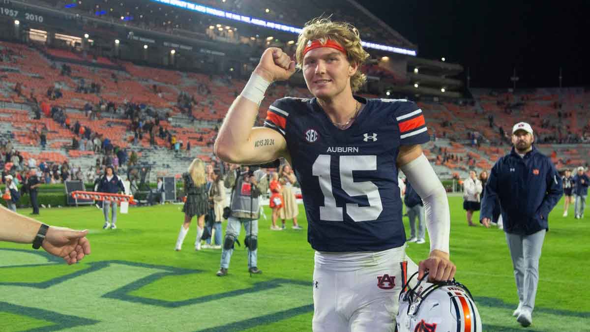 Auburn Tigers quarterback Hank Brown (15) walks off the field after the game as Auburn Tigers take on New Mexico Lobos at Jordan-Hare Stadium in Auburn, Ala., on Saturday, Sept. 14, 2024. Auburn Tigers defeated New Mexico Lobos 45-19.