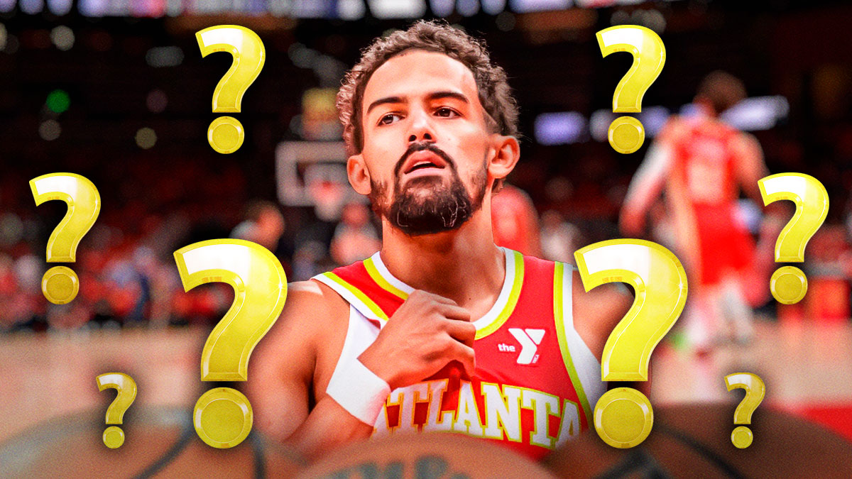 Trae Young with question marks surrounding the picture.