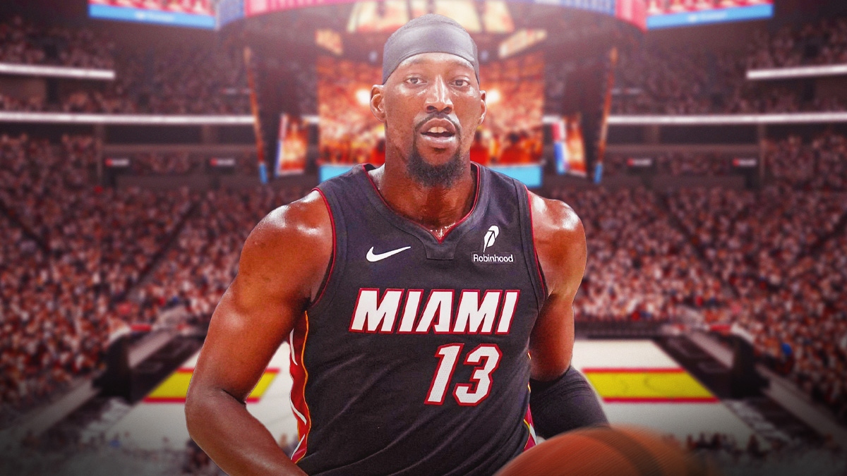 Miami Heat star Bam Adebayo in front of Kaseya Center.