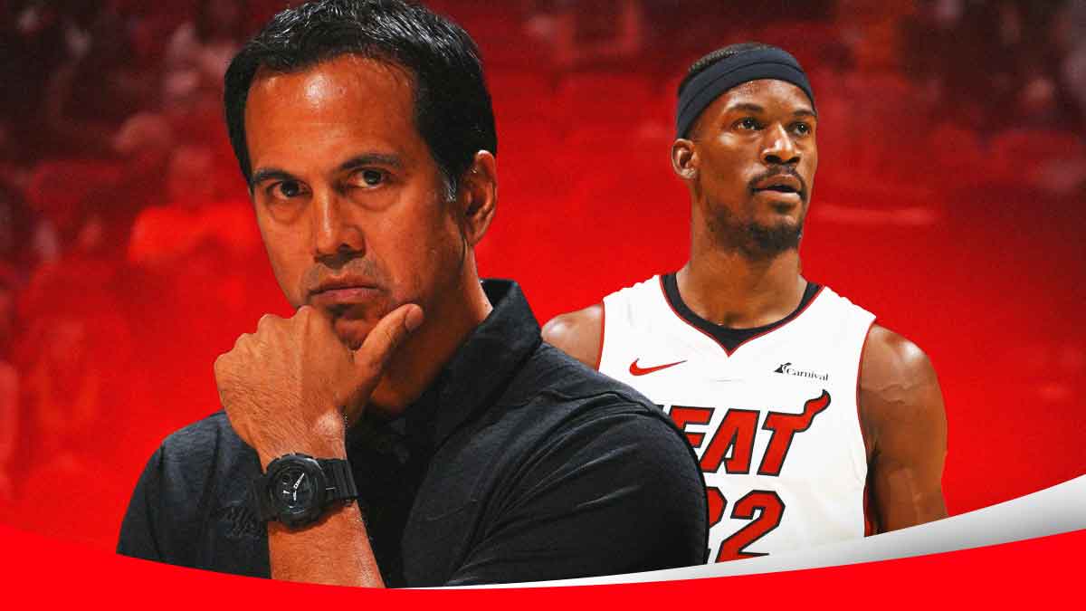 Miami Heat star Jimmy Butler and Erik Spoelstra in front of Kaseya Center.