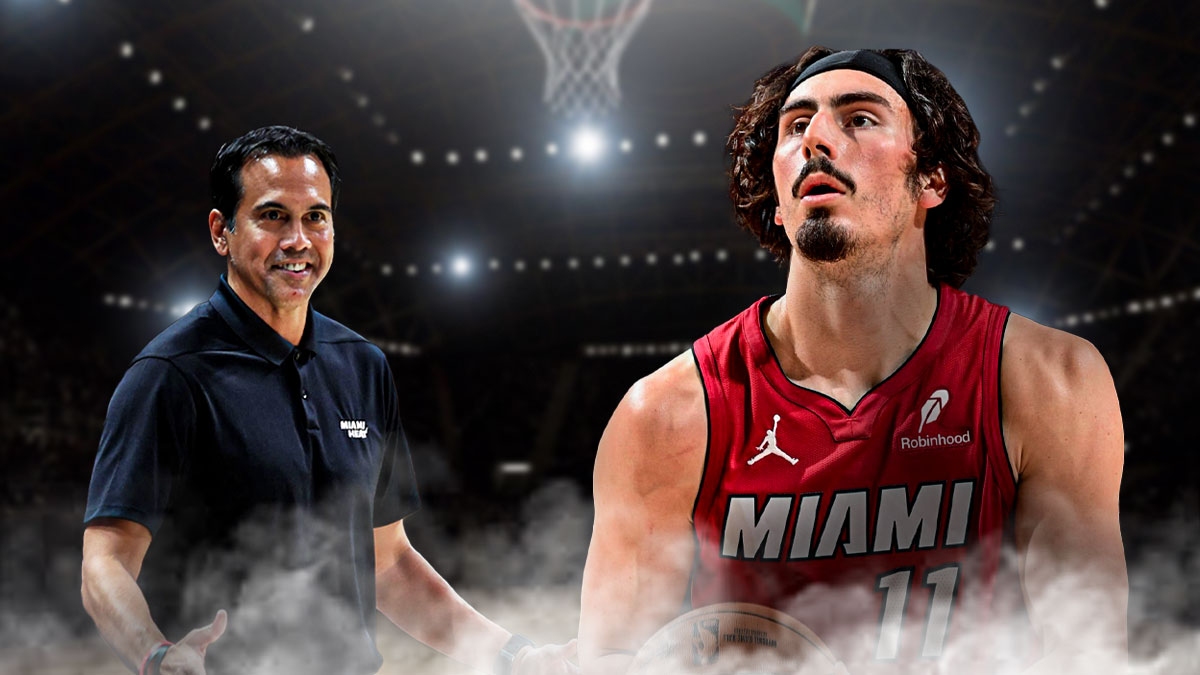 Miami Heat star Jaime Jaquez Jr. and Erik Spoelstra in front of Kaseya Center.