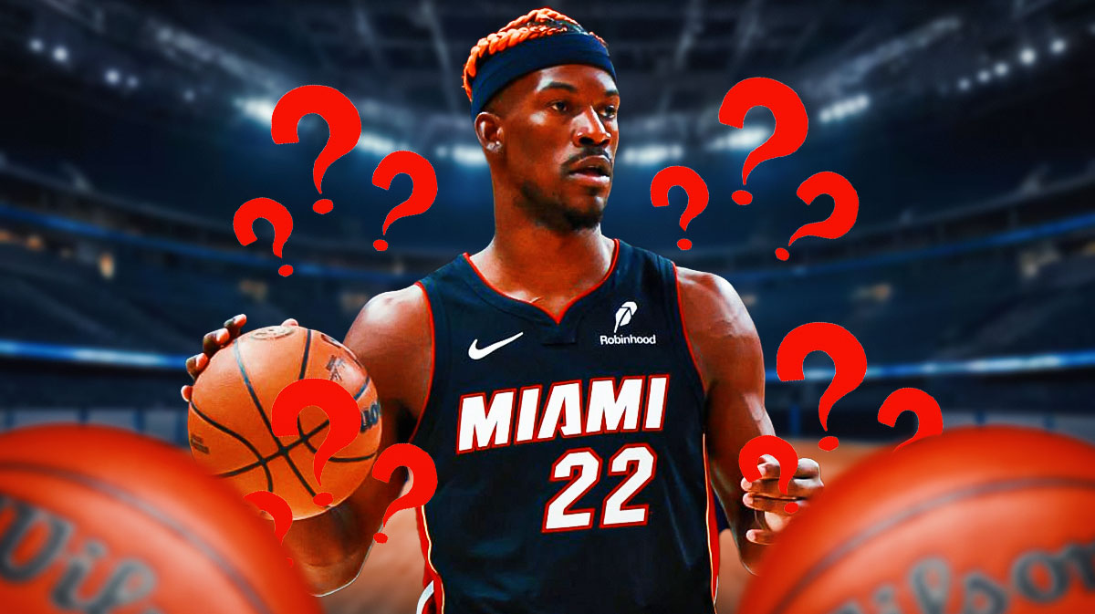 Miami Heat star Jimmy Butler with question marks around him in front of Kaseya Center.