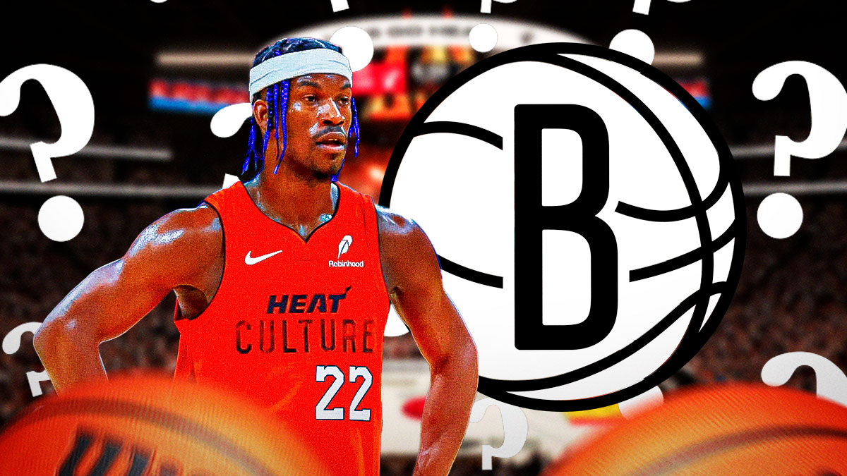 Miami Heat star Jimmy Butler next to the Nets logo with question marks around him in front of Kaseya Center.