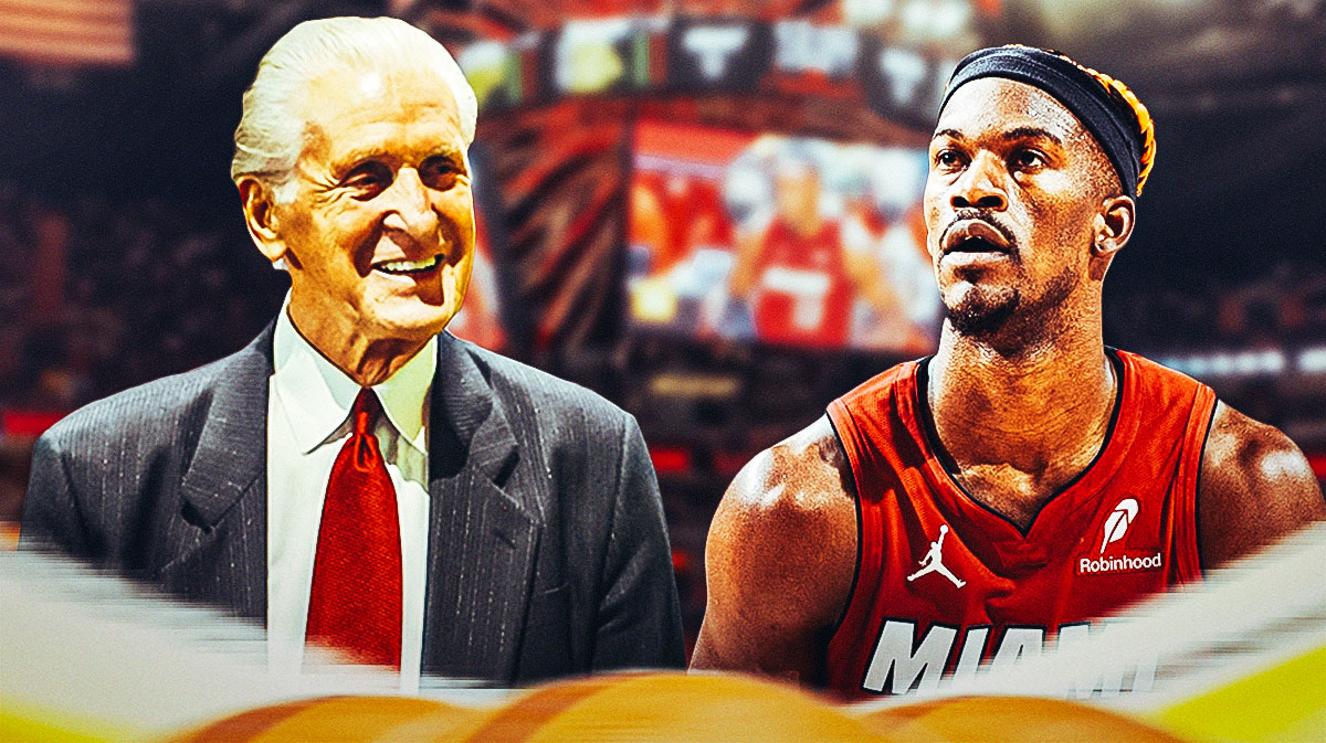 Miami Heat president Pat Riley and Jimmy Butler in front of Kaseya Center.
