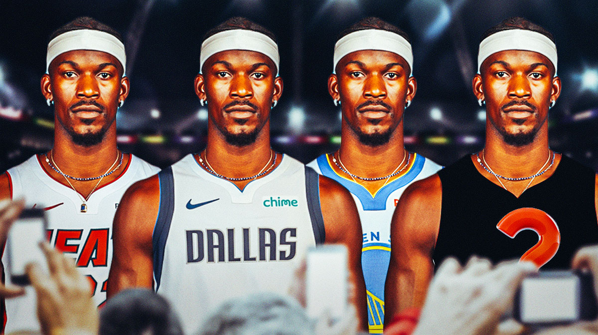 4 images of Jimmy Butler from left to right looking at image 1 in a Heat jersey, 1 in a Warriors jersey, 1 in a Mavericks jersey, and 1 with a blank jersey with a question mark where the number would be.