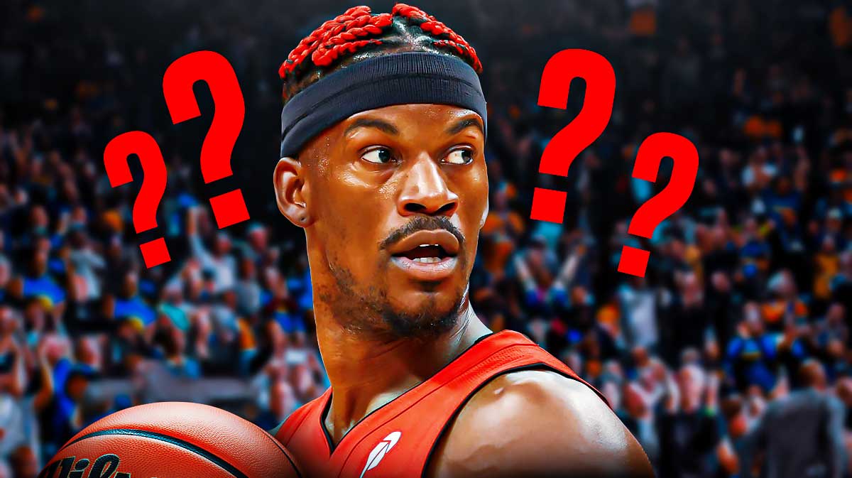 Miami Heat star Jimmy Butler with question marks around him in front of Kaseya Center.