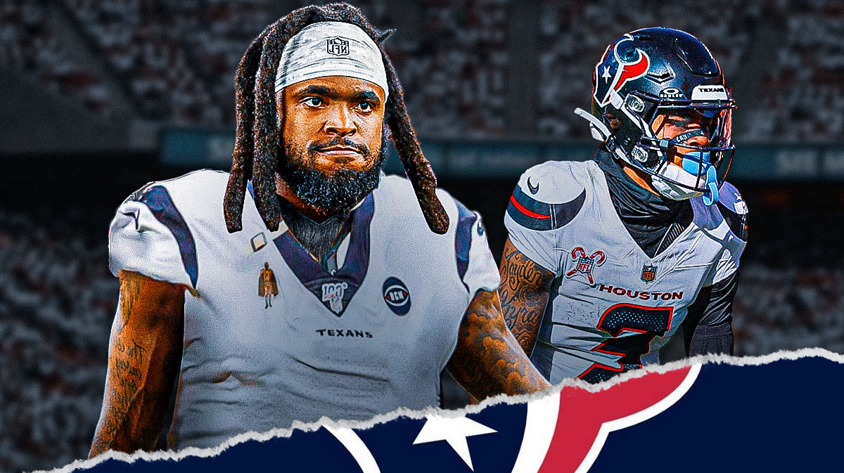 Diontae Johnson in Texans jersey with Tank Dell grabbing his knee in pain next to him