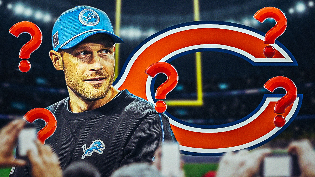 Lions' Ben Johnson next to a Chicago Bears logo with question marks all around.