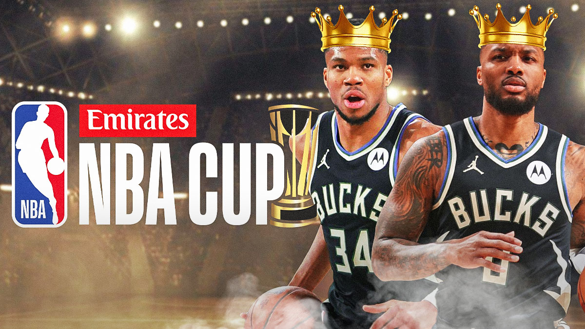 Giannis and Damian Lillard wearing crowns with NBA Cup logo and NBA Cup Court
