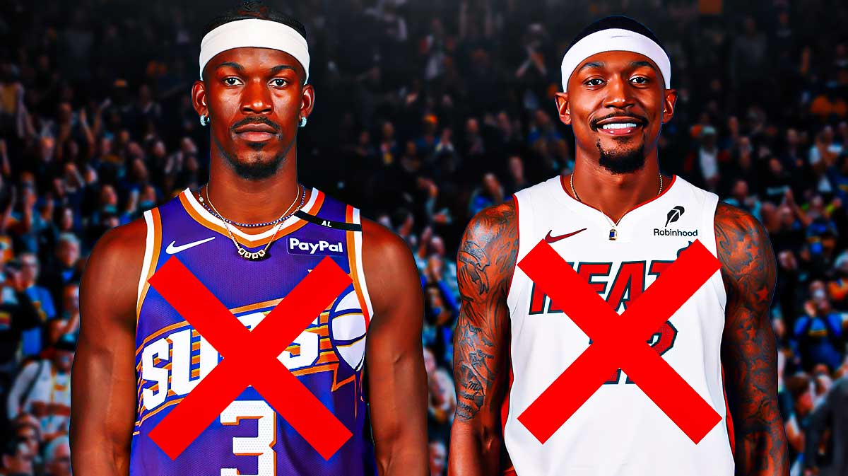 Jimmy Butler in a photoshopped Phoenix Suns jersey, and Bradley Beal in a photoshopped Miami Heat jersey. They both have two X marks going through them