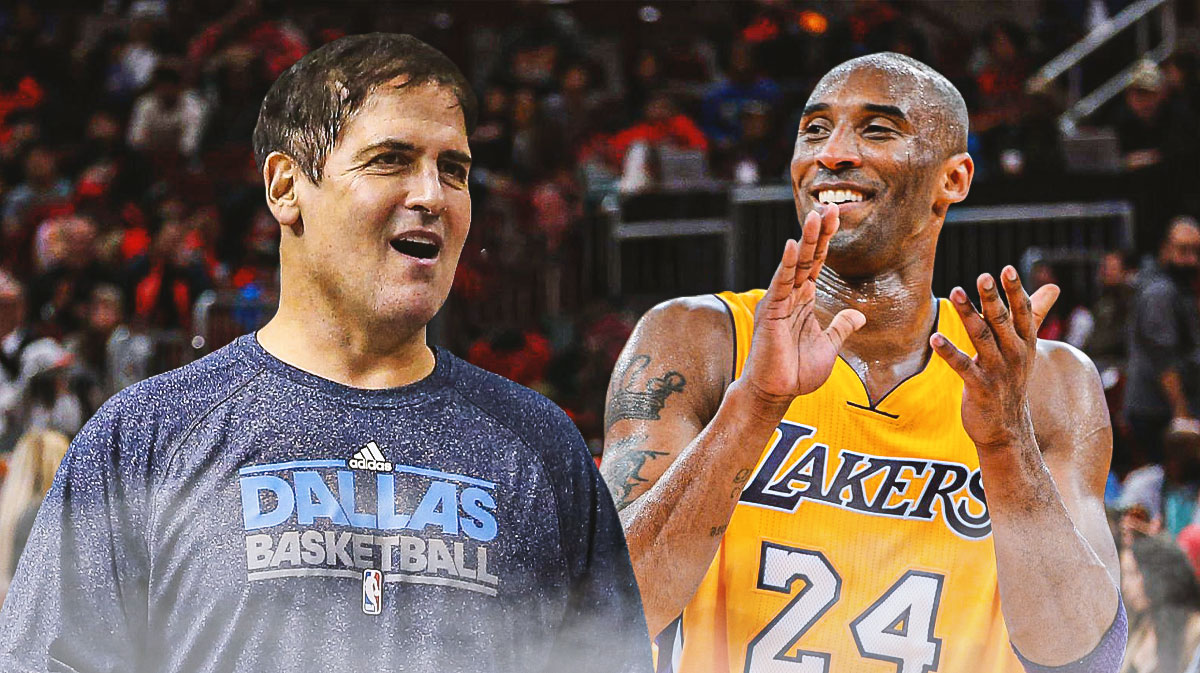 Mark Cuban and Kobe Bryant during the 2012-13 season looking happy, basketball court in background