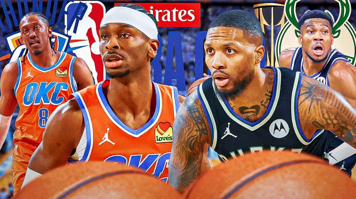 One side is Jalen Williams and Shai Gilgeous-Alexander and Thunder logo. Other side is Giannis Antetokounmpo and Damian Lillard and Bucks logo. NBA Cup logo front and center.