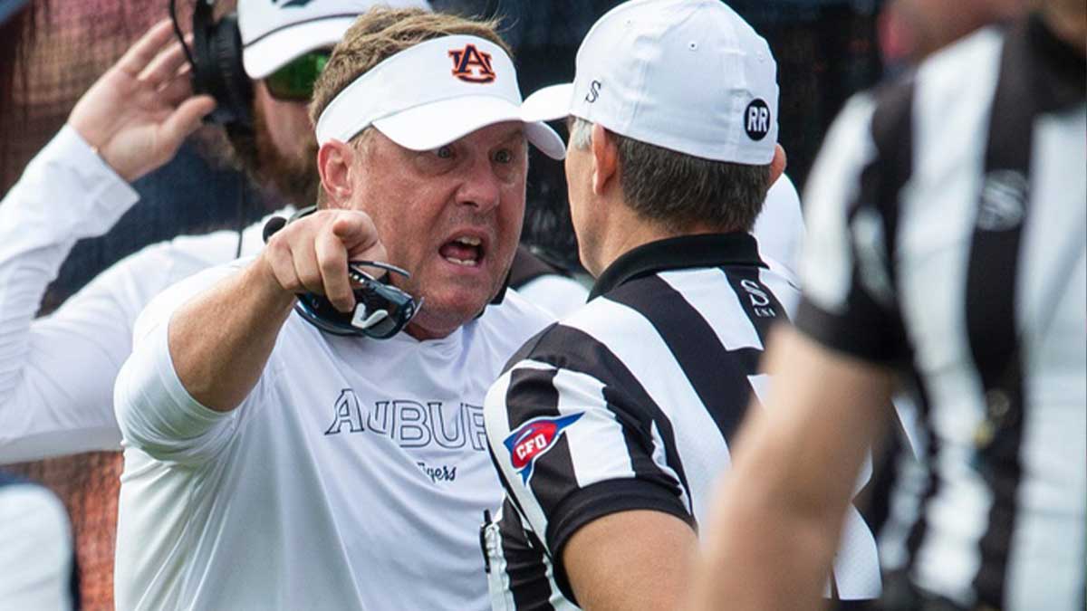 Auburn Tigers head coach Hugh Freeze argues a call with the officials as Auburn Tigers take on Vanderbilt Commodores at Jordan-Hare Stadium in Auburn, Ala., on Saturday, Nov. 2, 2024. Vanderbilt Commodores defeated Auburn Tigers 17-7.