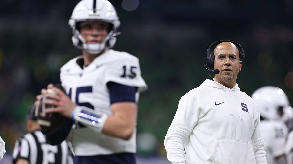 Penn State Nittany Lions head coach James Franklin watches quarterback Drew Allar (15) throw against the Oregon Ducks during the second quarter in the 2024 Big Ten Championship game at Lucas Oil Stadium.