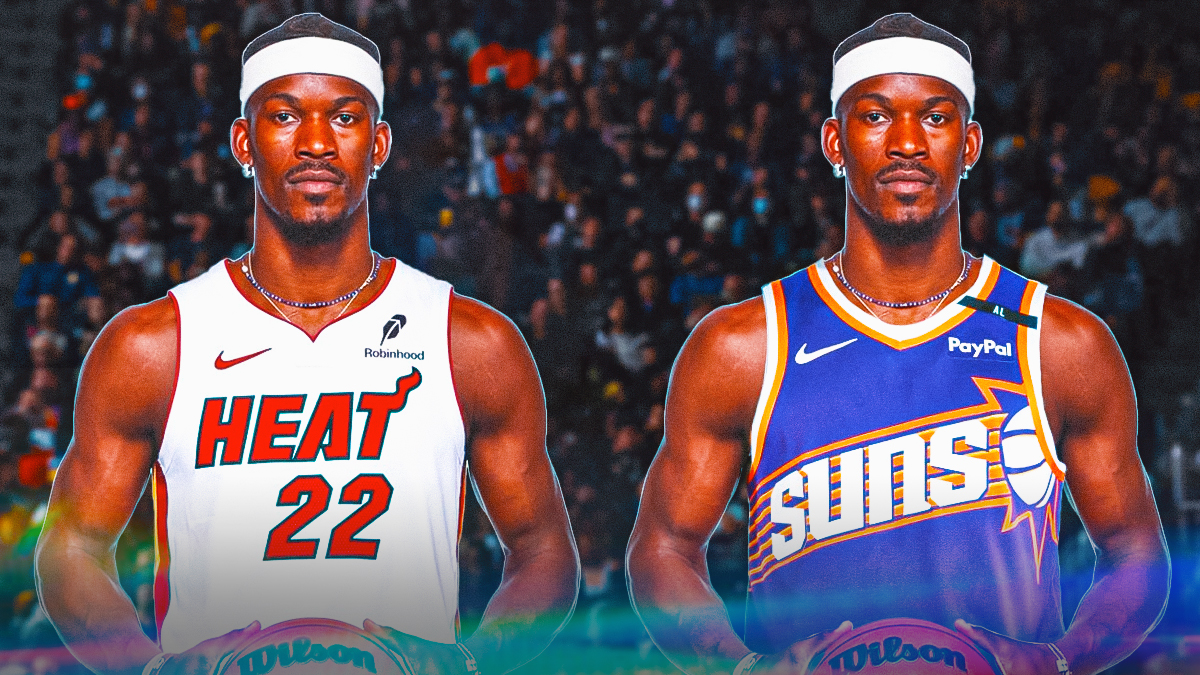 A double image of NBA player Jimmy Butler. One of him in his Miami Heat jersey and the other of him in a Phoenix Suns jersey, trade