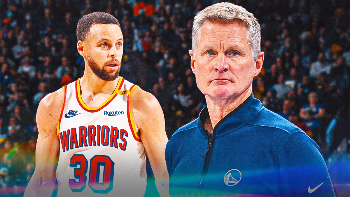Golden State Warriors coach Steve Kerr alongside Golden State Warriors player Stephen Curry, Rockets NBA Cup