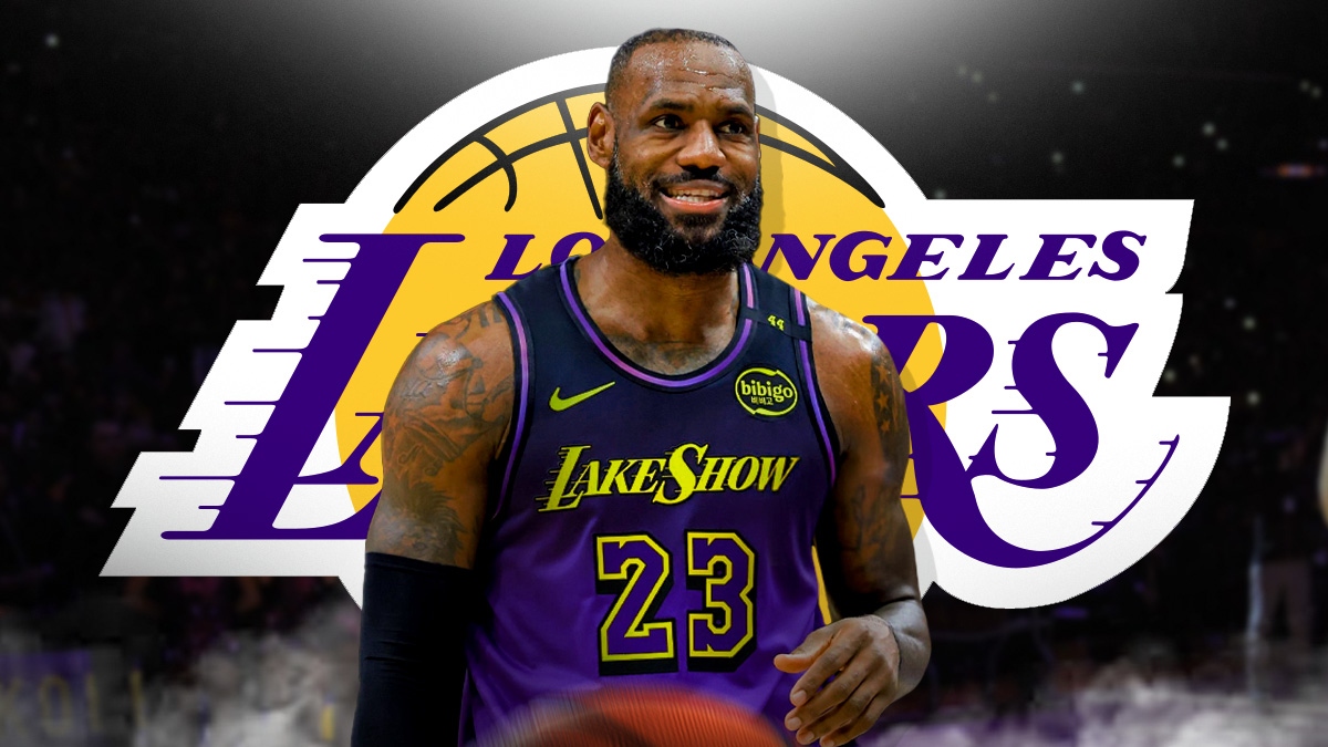 LA Lakers player LeBron James with the Lakers logo in the background, performance