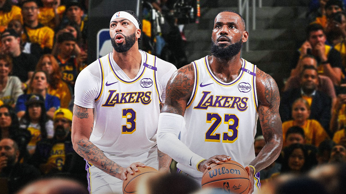 LA Lakers players LeBron James and Anthony Davis with the Lakers arena in the background, injury Pistons