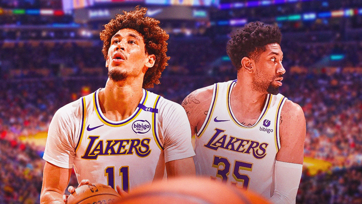 LA Lakers players Jaxson Hayes and Christian Wood with the Lakers arena in the background, injury JJ Redick
