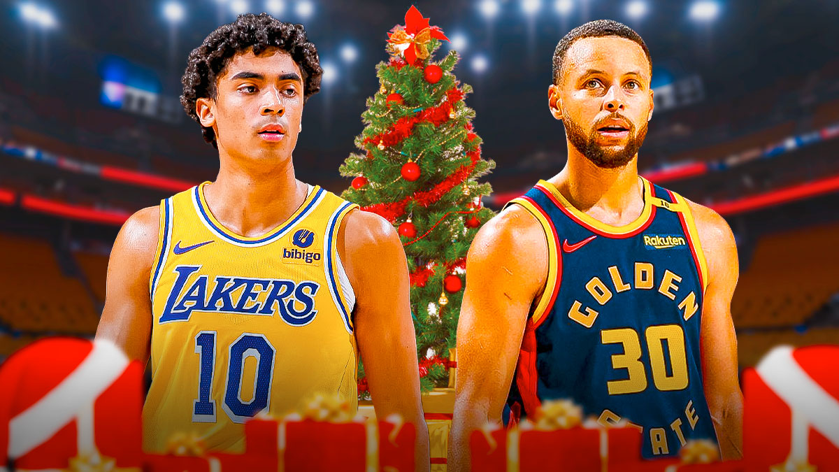 LA Lakers player Max Christie alongside Golden State Warriors player Stephen Curry with a Christmas Tree in the background