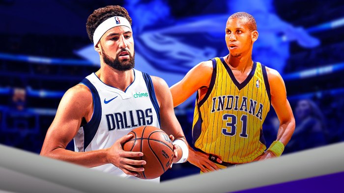 Dallas Mavericks player Klay Thompson alongside former Indiana Pacers player Reggie Miller, three-point list