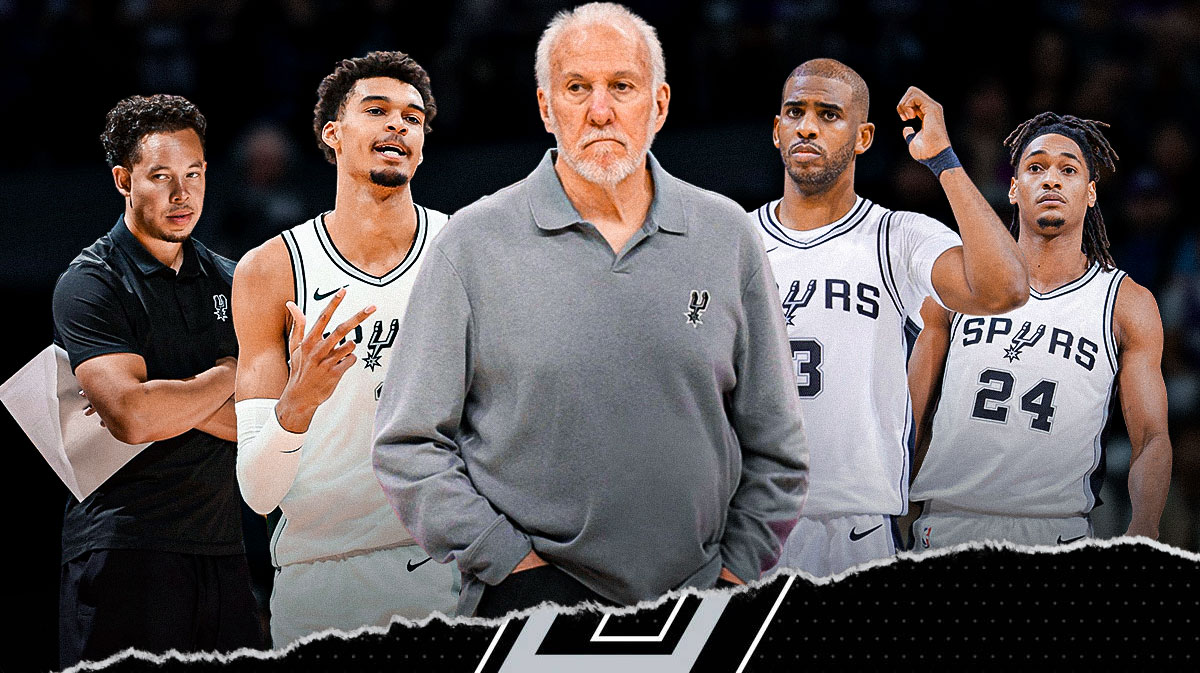 Spurs logo over Gregg Popovich, Victor Wembanyama, Chris Paul and Devin Vassell, Mitch Johnson.