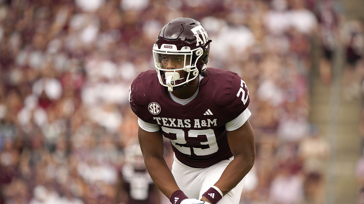 Oct 28, 2023; College Station, Texas, USA; Texas A&M Aggies linebacker Chantz Johnson (23) readies to move against South Carolina Gamecocks during the second quarter at Kyle Field.