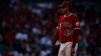 Los Angeles Angels starting pitcher Tyler Skaggs (45) looks on from the mound during the first inning against the Houston Astros at Angel Stadium of Anaheim.