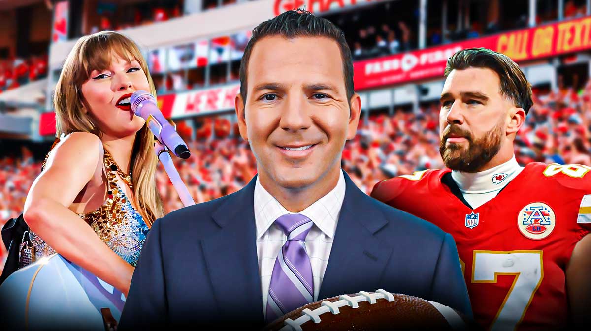 Taylor Swift, Ian Rapoport, and Travis Kelce with Arrowhead Stadium, home of the Kansas City Chiefs, background.